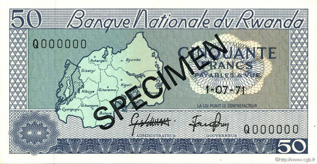 50 Francs Spécimen RUANDA  1969 P.07s2 FDC