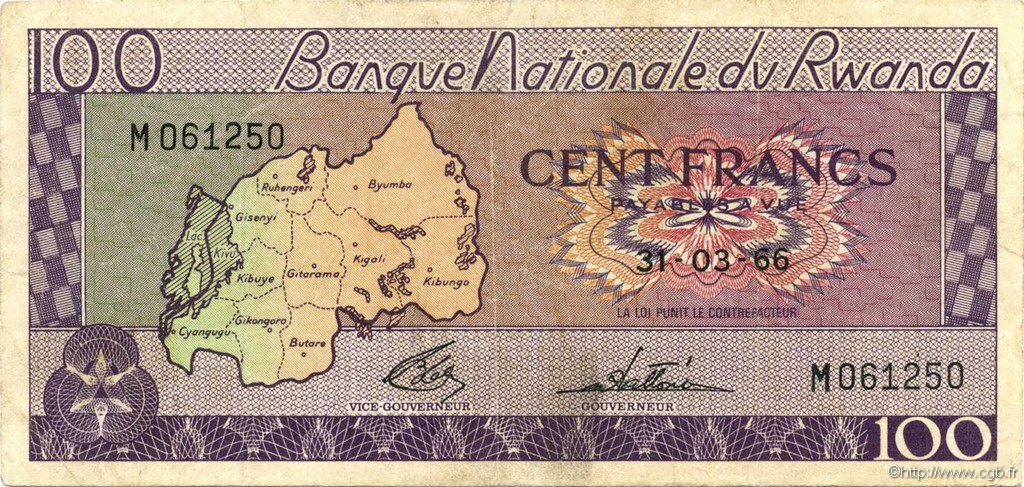 100 Francs RUANDA  1966 P.08a BB