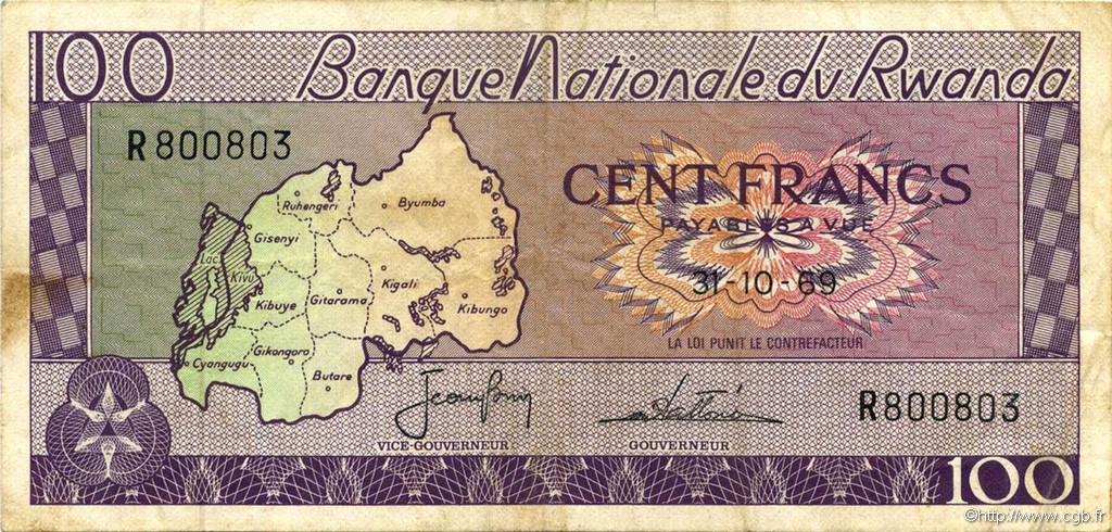 100 Francs RUANDA  1969 P.08a q.BB