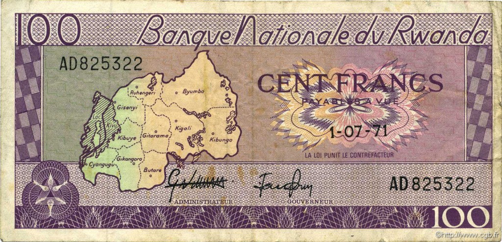 100 Francs RUANDA  1971 P.08c MBC