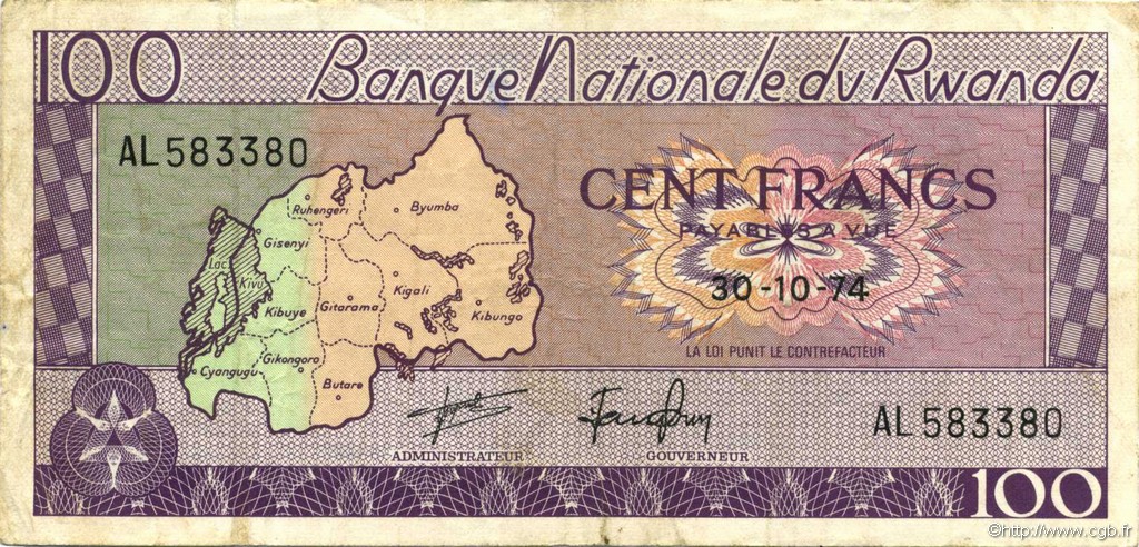 100 Francs RUANDA  1974 P.08c BC