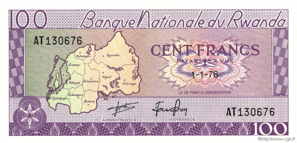 100 Francs RUANDA  1976 P.08d FDC