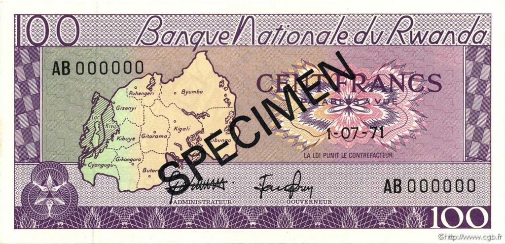 100 Francs Spécimen RUANDA  1971 P.08s2 FDC