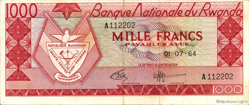 1000 Francs RUANDA  1964 P.10a MBC