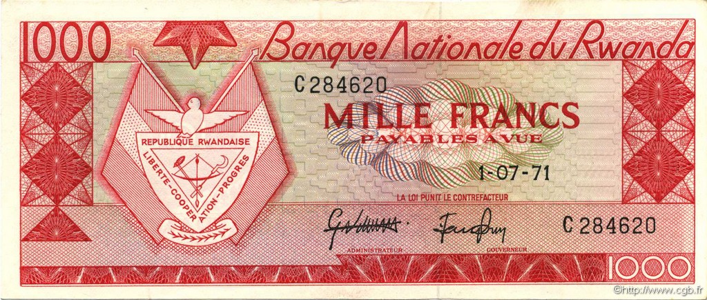 1000 Francs RUANDA  1971 P.10b VZ