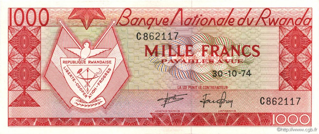 1000 Francs RUANDA  1974 P.10b FDC