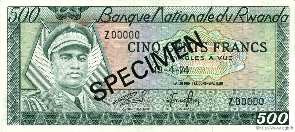 500 Francs Spécimen RUANDA  1974 P.11s FDC