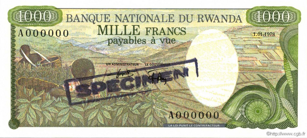 1000 Francs Spécimen RUANDA  1978 P.14s FDC
