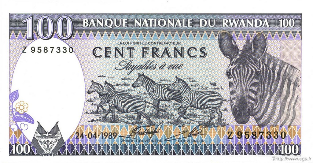 100 Francs RUANDA  1989 P.19a FDC