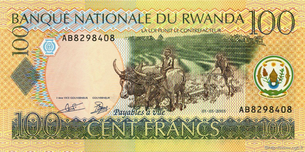 100 Francs RUANDA  2003 P.29a FDC
