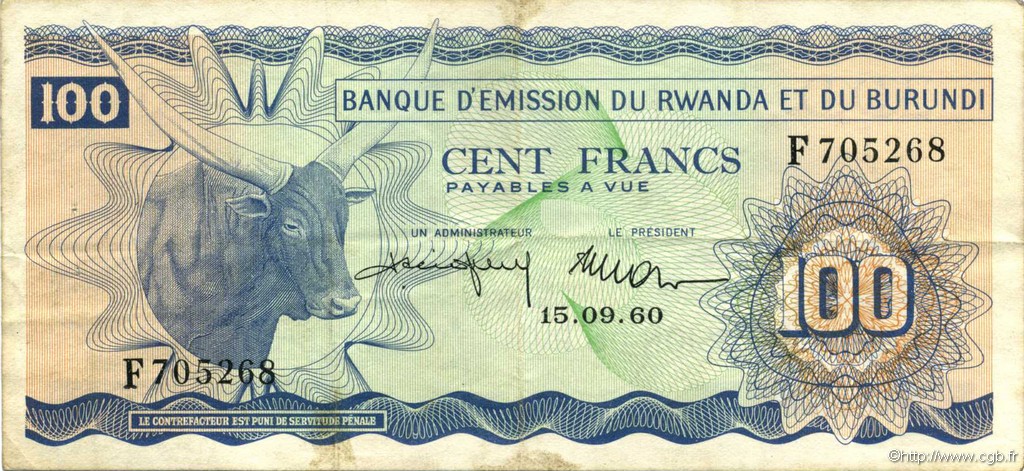 100 Francs RWANDA BURUNDI  1960 P.05 fVZ