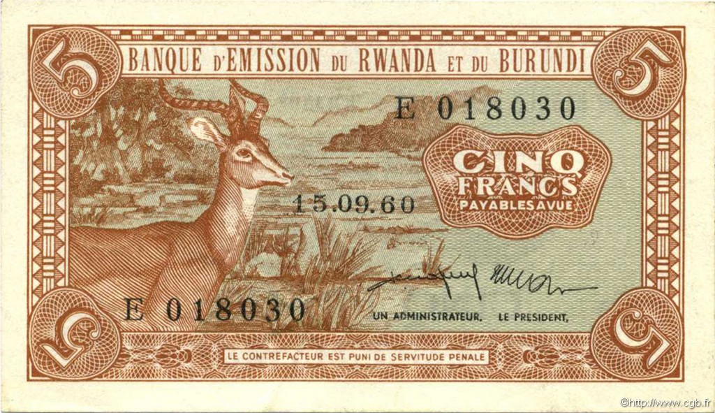 5 Francs RWANDA BURUNDI  1960 P.01a EBC