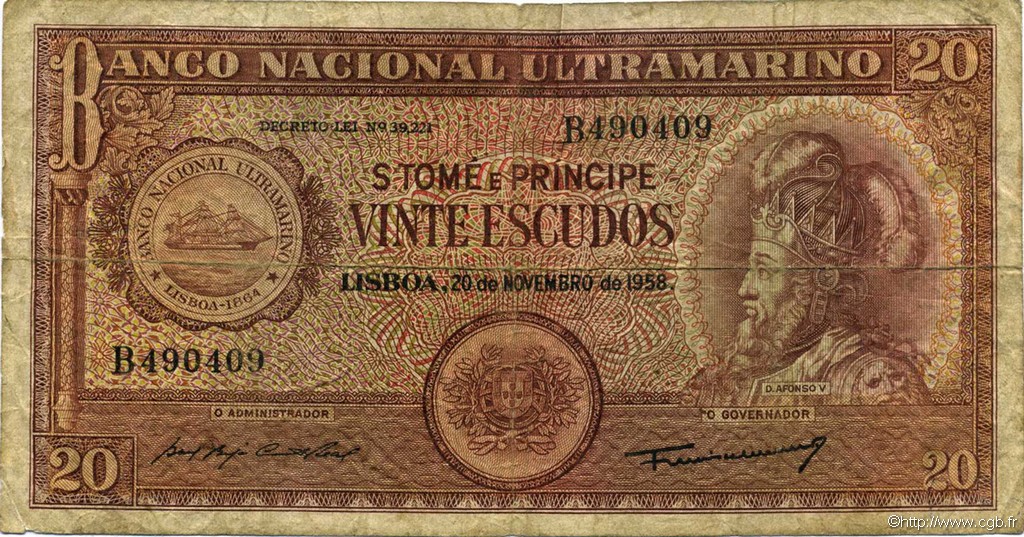 20 Escudos SAO TOME AND PRINCIPE  1958 P.036a VG