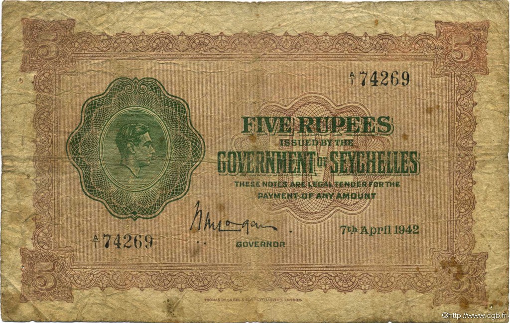 5 Rupees SEYCHELLEN  1942 P.08 SGE