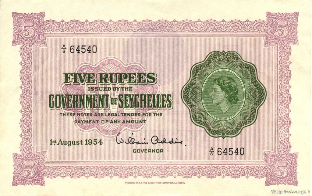 5 Rupees SEYCHELLES  1954 P.11a EBC a SC