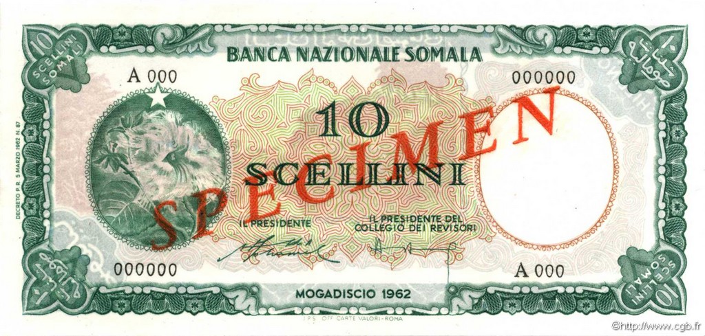 10 Scellini Spécimen SOMALIE  1962 P.02s NEUF
