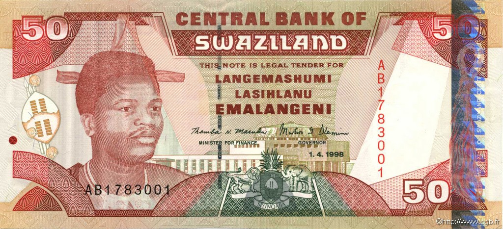 50 Emalangeni SWAZILAND  1998 P.26b SC+