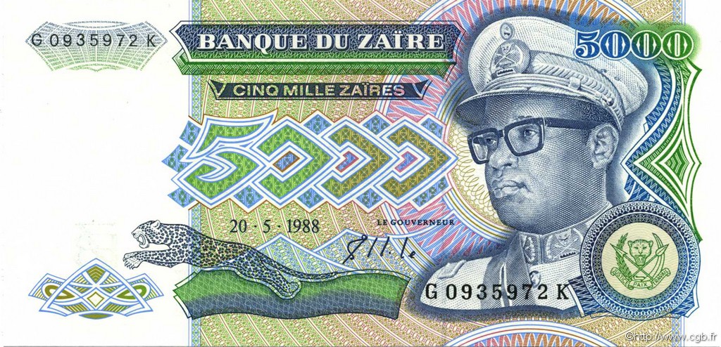 5000 Zaïres ZAIRE  1988 P.37b q.FDC