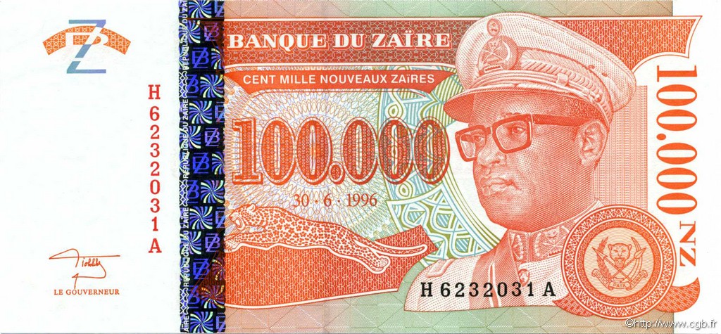 100000 Nouveaux Zaïres ZAIRE  1996 P.76 q.FDC