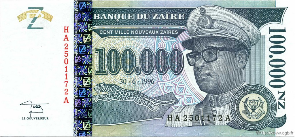 100000 Nouveaux Zaïres ZAÏRE  1996 P.77Aa ST