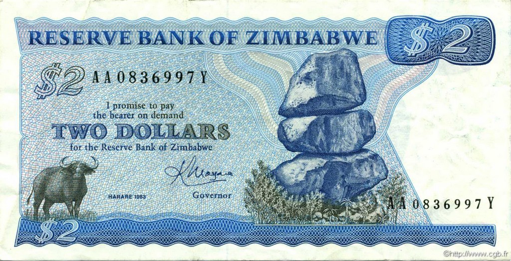 2 Dollars ZIMBABWE  1983 P.01b SPL