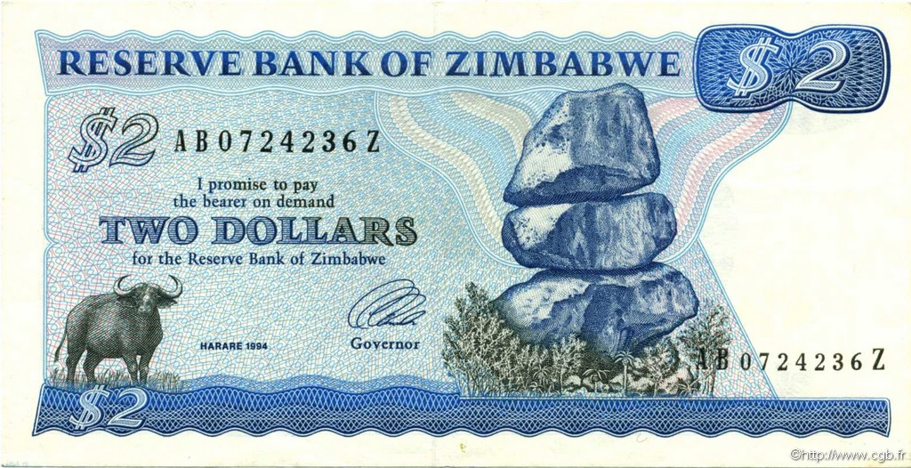 2 Dollars ZIMBABWE  1994 P.01c SPL