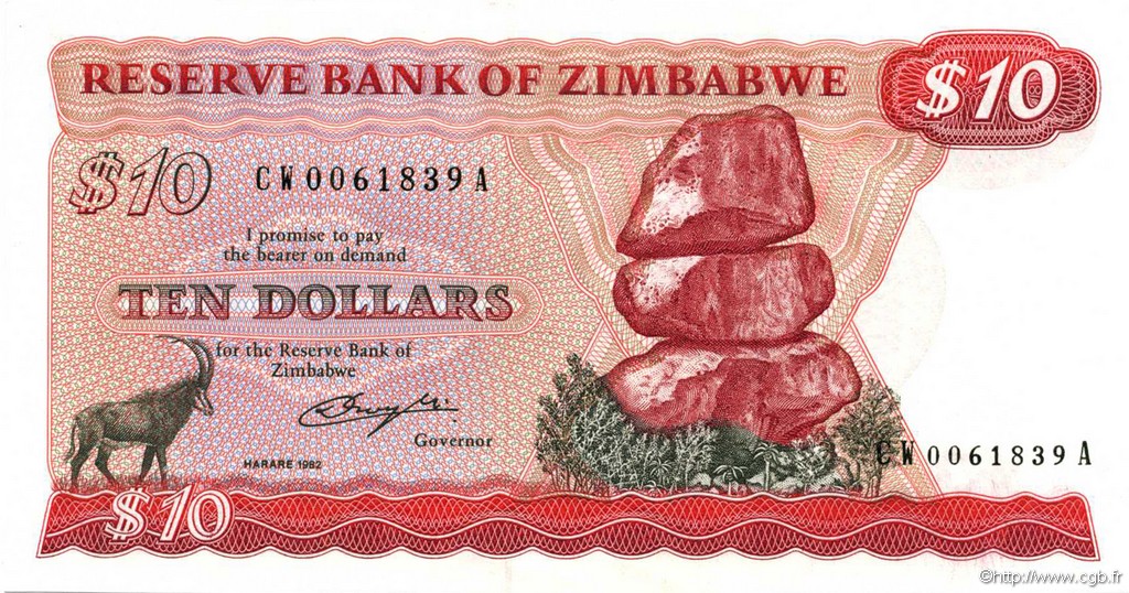 10 Dollars ZIMBABWE  1982 P.03c UNC-