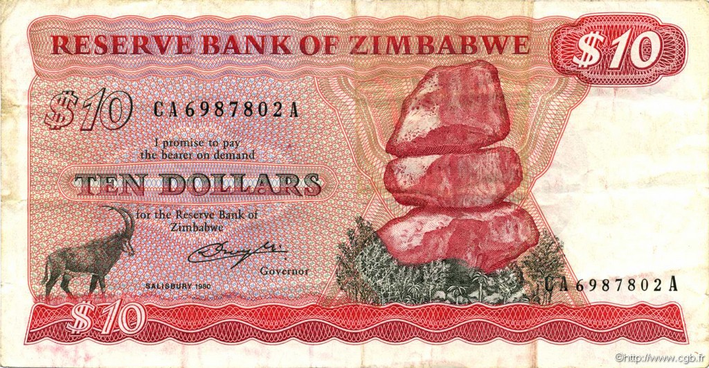 10 Dollars ZIMBABWE  1980 P.03a VF