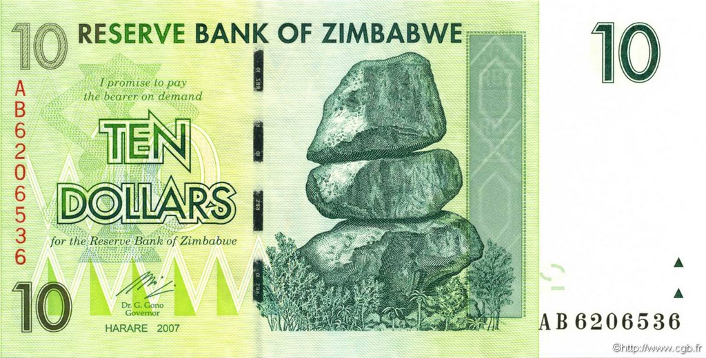 10 Dollars ZIMBABWE  2007 P.67 UNC