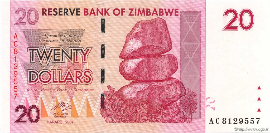 20 Dollars ZIMBABWE  2007 P.68 UNC