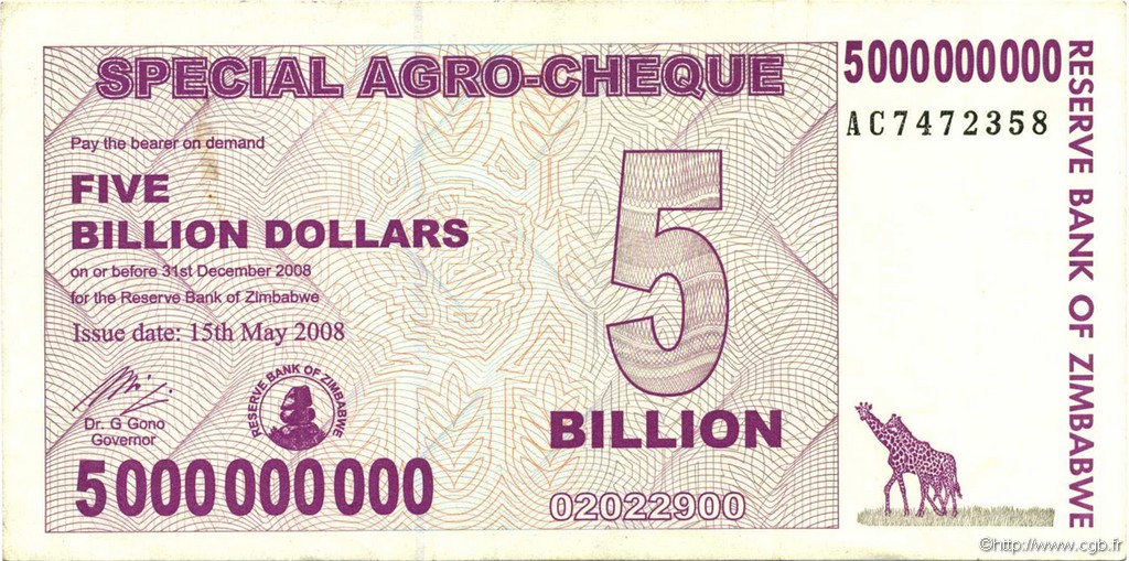 5 Billion Dollars ZIMBABWE  2008 P.61 XF