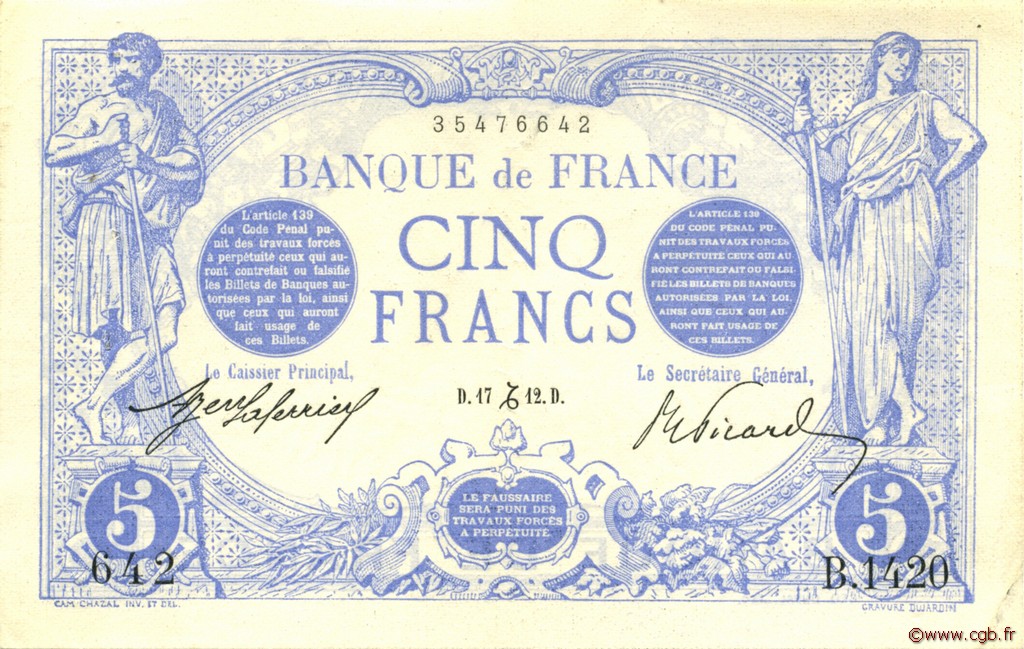 5 Francs BLEU FRANCIA  1912 F.02.12 EBC+