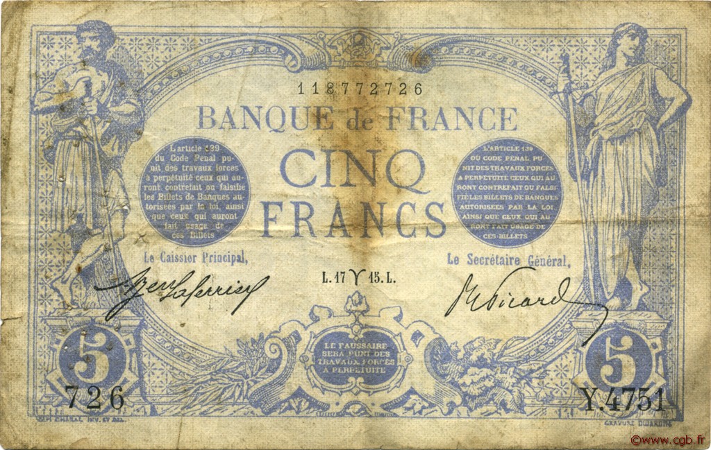 5 Francs BLEU FRANCIA  1915 F.02.25 q.MB