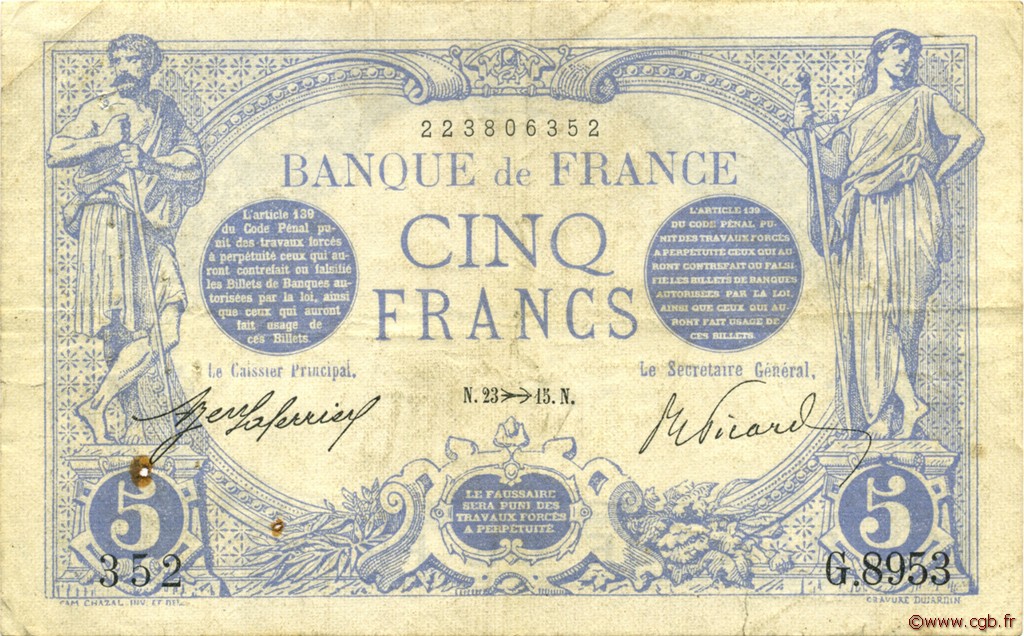 5 Francs BLEU FRANCIA  1915 F.02.33 BC a MBC