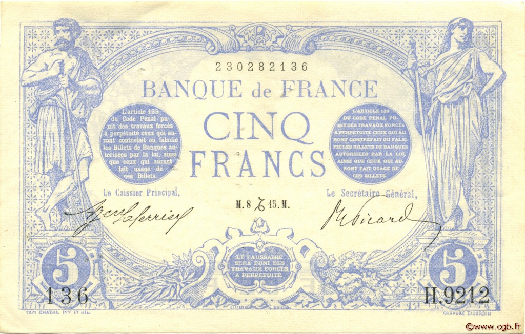 5 Francs BLEU FRANCIA  1915 F.02.34 MBC+