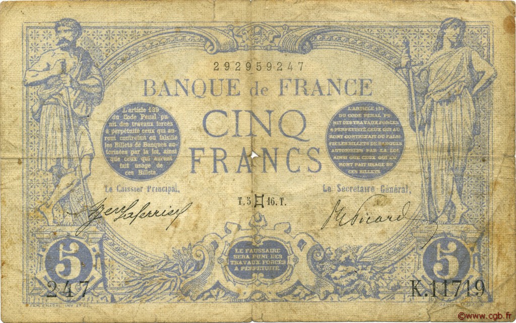 5 Francs BLEU FRANCIA  1916 F.02.39 RC