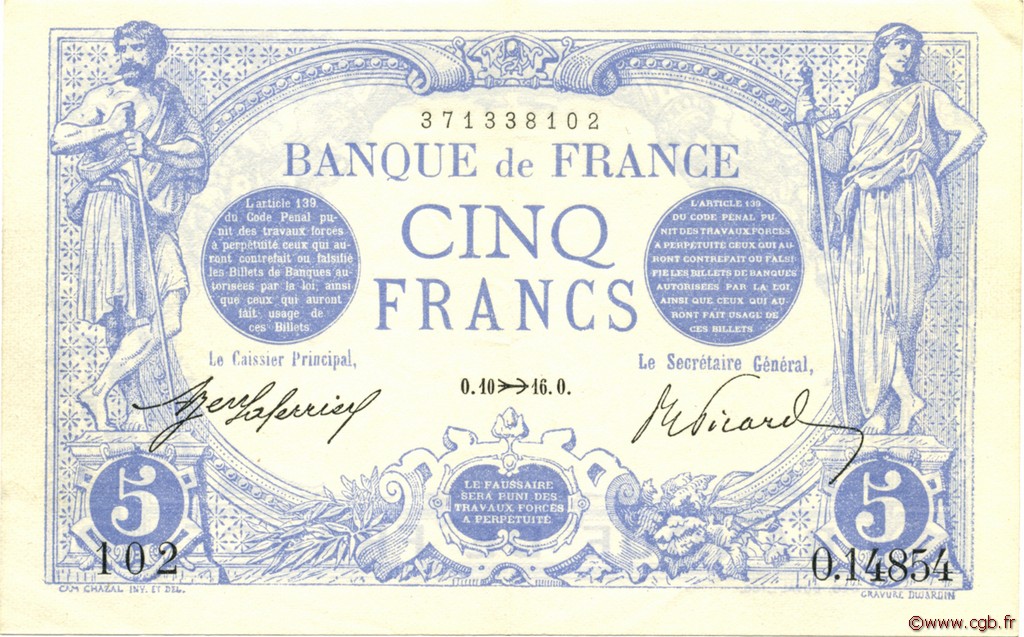 5 Francs BLEU FRANCIA  1916 F.02.45 q.AU