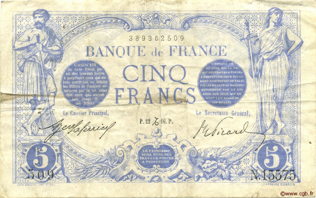 5 Francs BLEU FRANCIA  1916 F.02.46 BC+