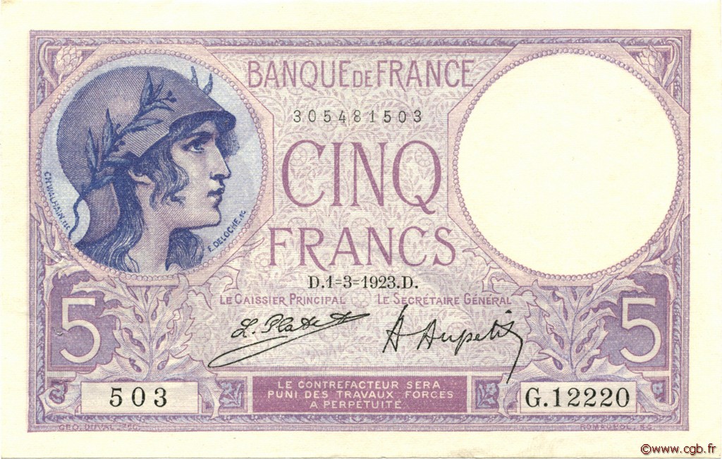 5 Francs FEMME CASQUÉE FRANCIA  1923 F.03.07 SPL+