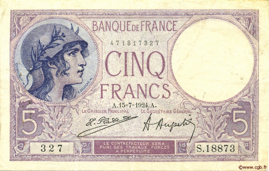 5 Francs FEMME CASQUÉE FRANCIA  1924 F.03.08 MBC