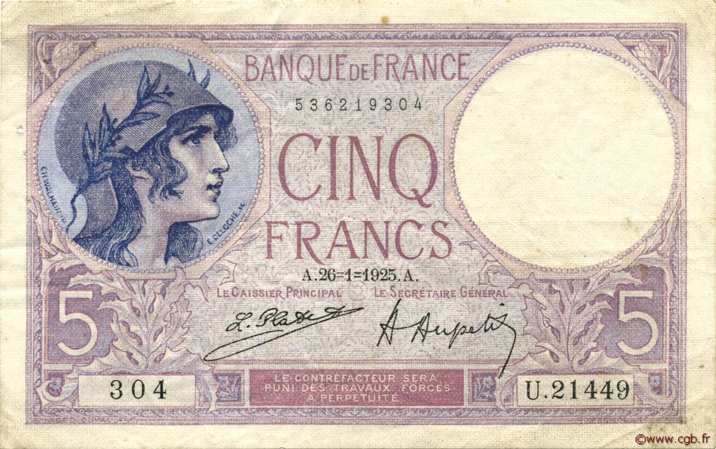 5 Francs FEMME CASQUÉE FRANCE  1925 F.03.09 VF