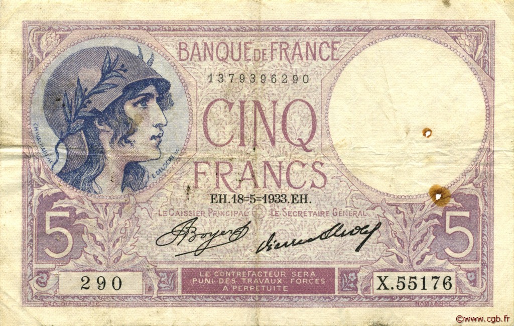 5 Francs FEMME CASQUÉE FRANCE  1933 F.03.17 TB