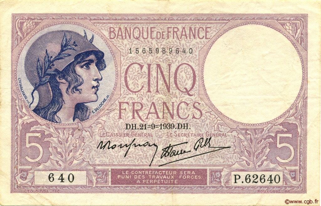 5 Francs FEMME CASQUÉE modifié FRANCIA  1939 F.04.09 MBC