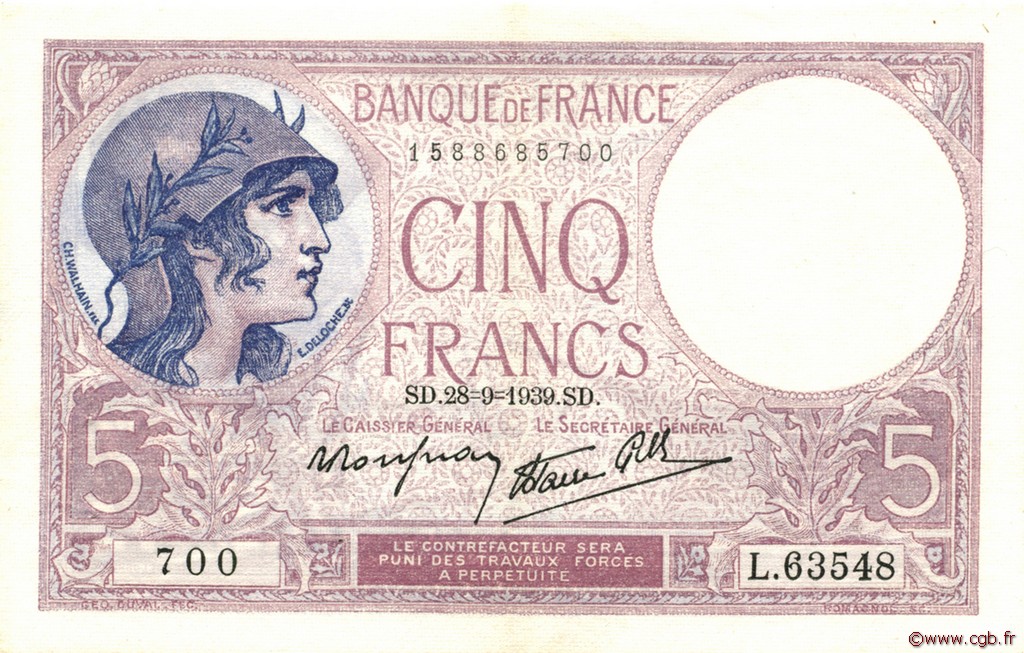 5 Francs FEMME CASQUÉE modifié FRANCE  1939 F.04.10 XF+