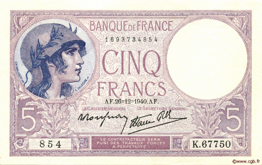 5 Francs FEMME CASQUÉE modifié FRANKREICH  1940 F.04.18 fST