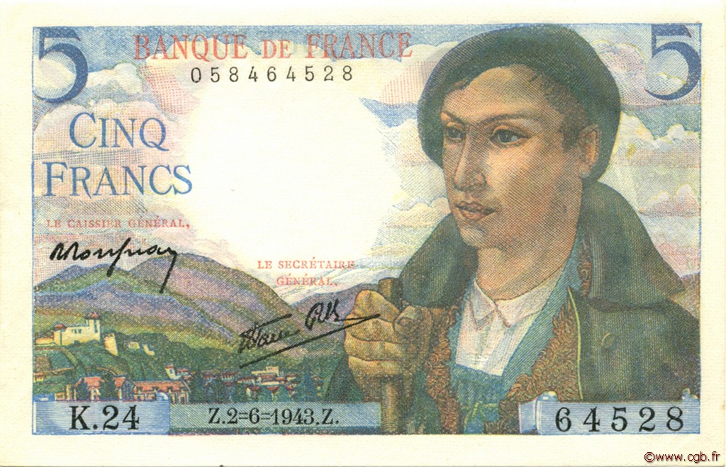 5 Francs BERGER FRANCE  1943 F.05.01 AU
