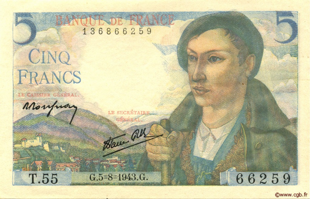 5 Francs BERGER FRANCE  1943 F.05.03 XF+