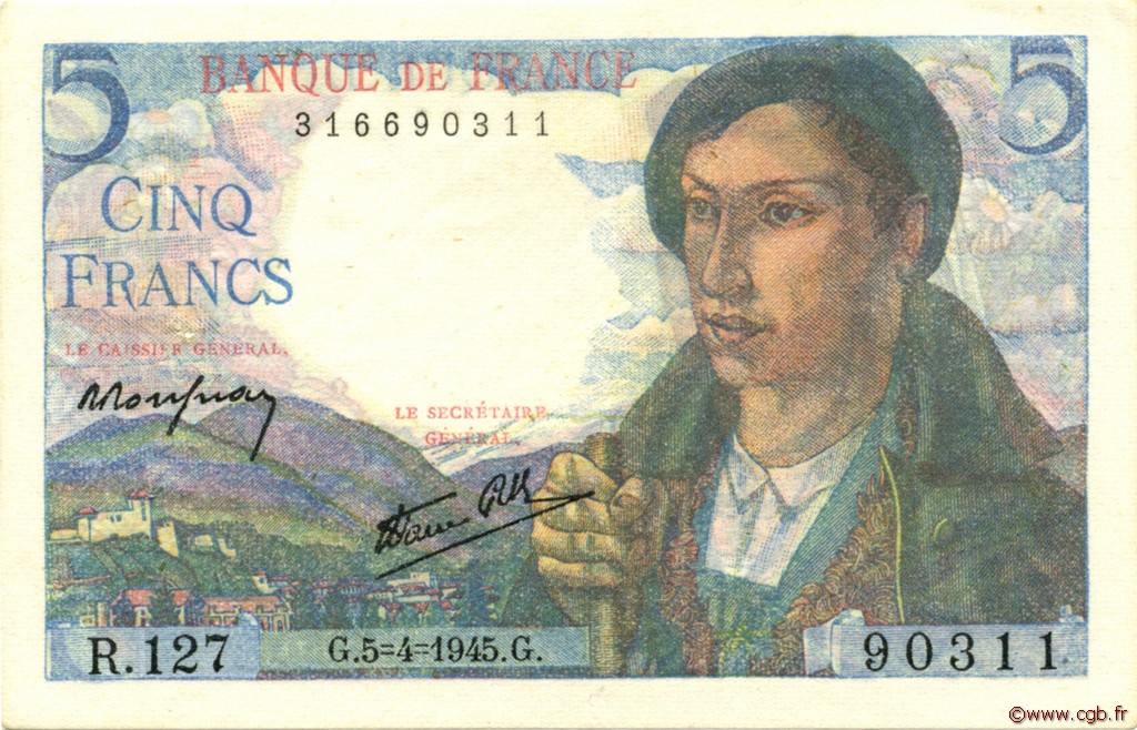 5 Francs BERGER FRANCE  1945 F.05.06 XF+