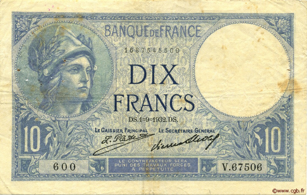 10 Francs MINERVE FRANCE  1932 F.06.16 F