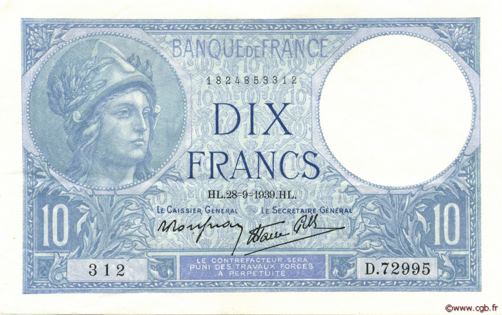 10 Francs MINERVE modifié FRANCIA  1939 F.07.09 SPL